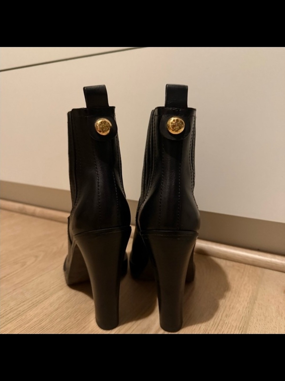 Tory Burch Black High Heel Chelsea Ankle Boots with Gold Button Detail